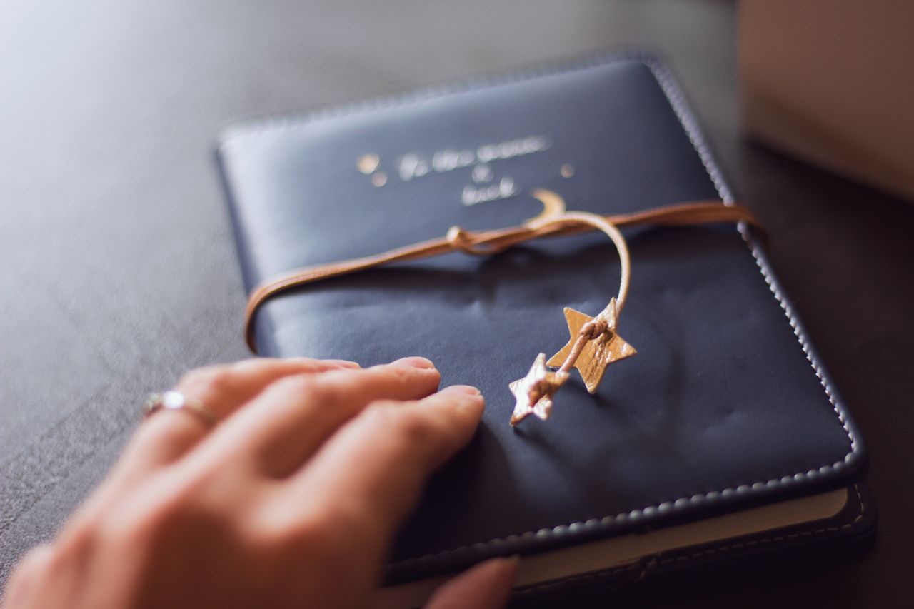 about-us-01 Close-up of a hand touching a stylish leather journal with a star charm, conveying a sense of elegance and reflection.